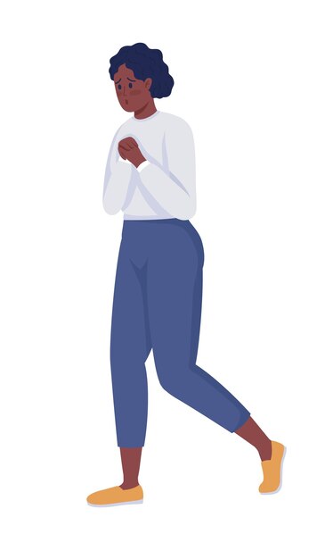 Carácter vectorial de color semiplano de mujer nerviosa. Figura preocupada. Persona de cuerpo completo en blanco. Situaciones comunes aisladas ilustración de estilo de dibujos animados modernos para diseño gráfico y animación