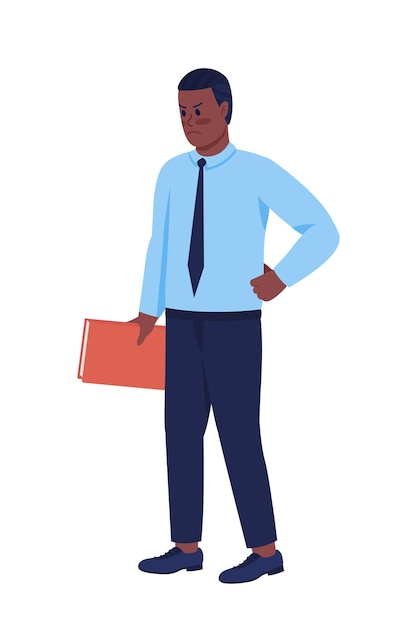 Carácter vectorial de color semiplano de profesor masculino enojado. Figura de pie. Persona de cuerpo completo en blanco. Ilustración de estilo de dibujos animados moderno aislado profesional de la escuela para diseño gráfico y animación