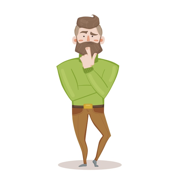 Carácter vectorial de un hombre pensativo con barba en un suéter verde. Ilustración de moda de una figura humana estilizada. Emoción: confusión, reflexión, concentración, desapego, meditación.