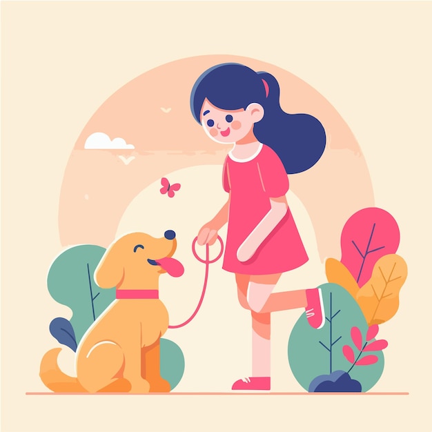 Carácter vectorial de una niña con un perro estilo de diseño plano simple y minimalista
