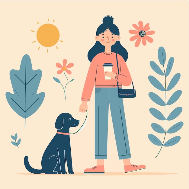 Carácter vectorial de una niña con un perro estilo de diseño plano simple y minimalista