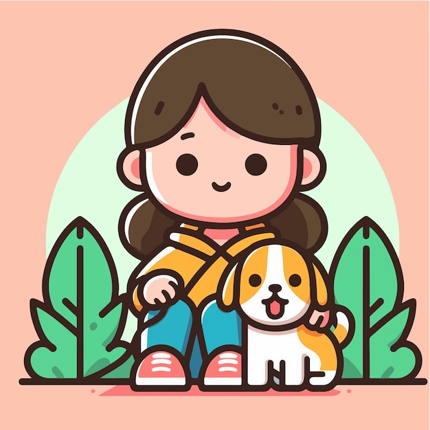 Carácter vectorial de una niña con un perro estilo de diseño plano simple y minimalista
