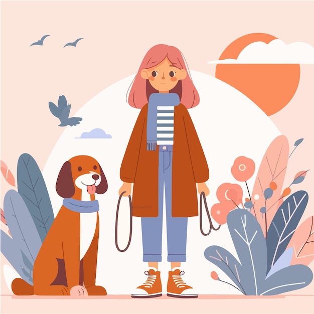 Carácter vectorial de una niña con un perro estilo de diseño plano simple y minimalista