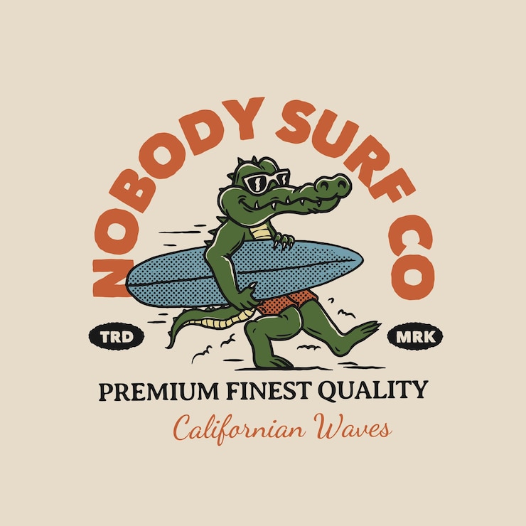 Vector caracter vintage crocodile surfer dibujado a mano mascota para plantilla de logotipo de ropa