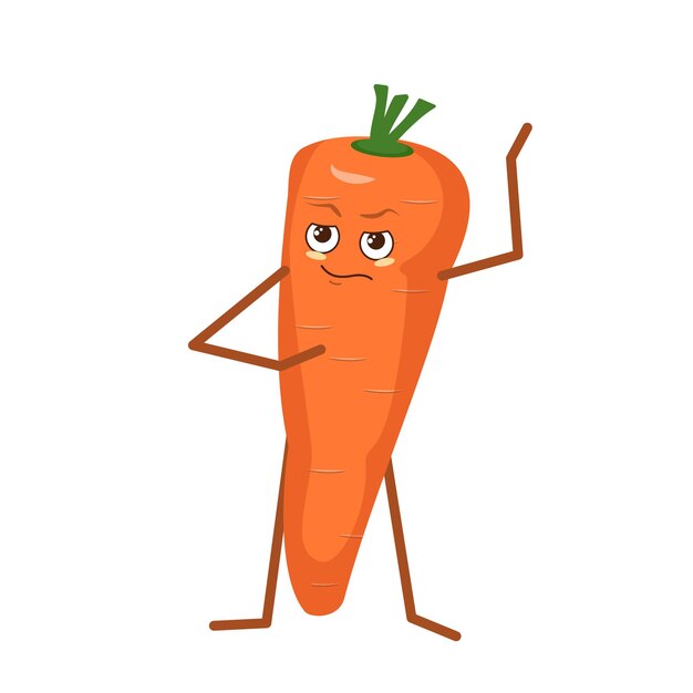 Carácter de zanahoria lindo con cara y emociones aisladas sobre fondo blanco. El héroe divertido o triste, frutas y verduras brillantes. Ilustración vectorial plana