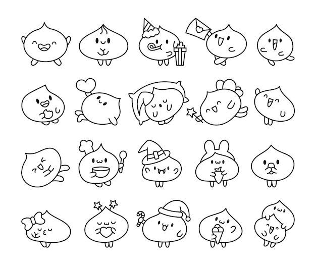 Caracteres de albóndigas con diferentes expresiones faciales Página para colorear Comida china