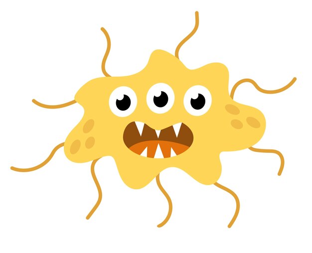 Caracteres amarillos de dibujos animados, bacterias, microbios, gérmenes y organismos microbiológicos
