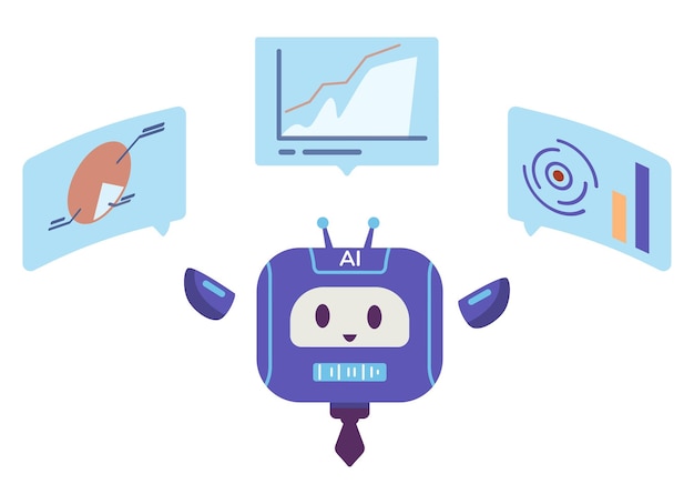 Caracteres analíticos de negocios de robots de IA con gráficos y gráficos