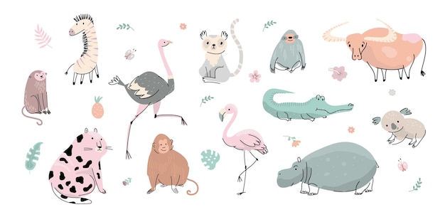 Caracteres de animales salvajes lindos Zebra koala y hipopótamo tigre plano gordo Animales infantiles divertidos aislados de dibujos animados safari africano kit vectorial actual