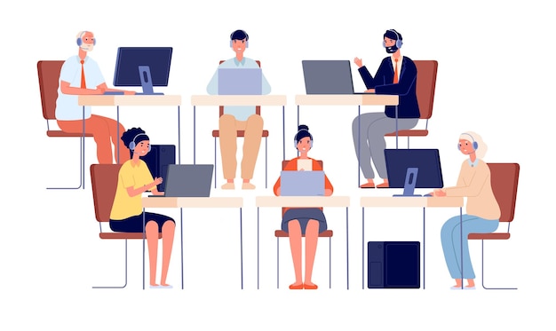 Caracteres del centro de llamadas. Póngase en contacto con el servicio, agente telefónico sonriente con auriculares. Operador de la oficina de la empresa, ilustración de vector de línea directa al cliente. Teléfono del operador, soporte y servicio de llamadas para el cliente.