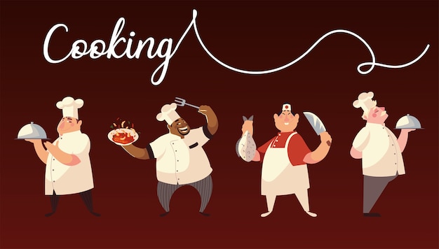 Caracteres chef grupo cocinero plato cena diseño ilustración