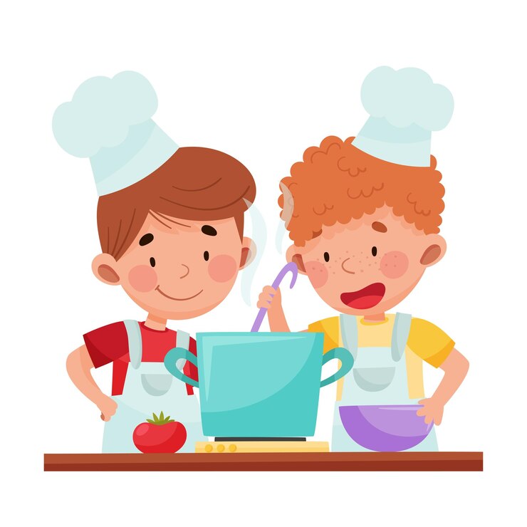 Vector caracteres de chefs chicos lindos con delantal y sombrero ilustrando el vector de la sopa de cocina