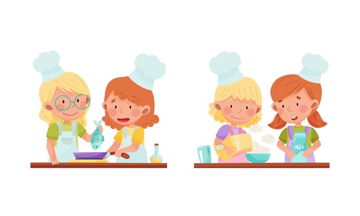 Vector caracteres de chefs niños lindos juegos de niños adorables cocinando y horneando en la cocina ilustración vectorial de dibujos animados