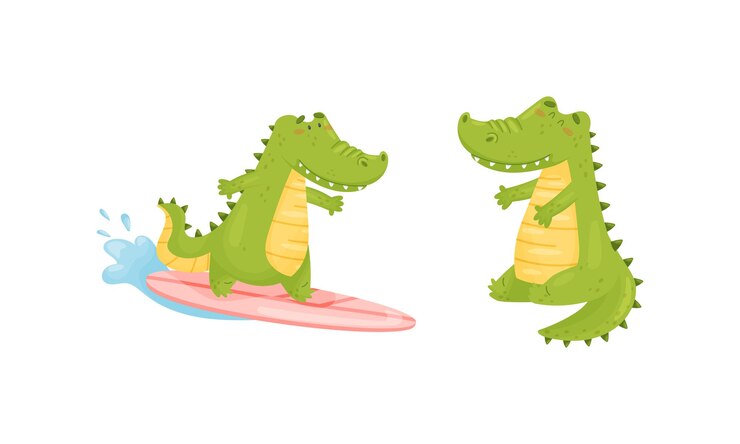 Vector caracteres de cocodrilo o cocodrillo verde surfeando en olas en movimiento y conjunto de vectores sentados