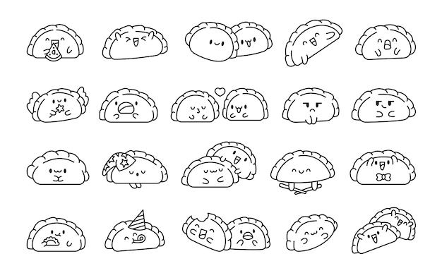 Caracteres de la comida china de dibujos animados de estilo dibujado a mano