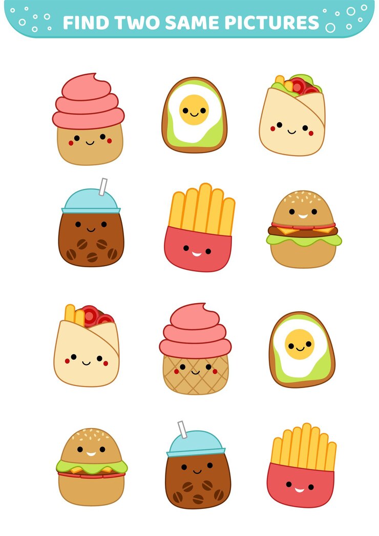 Vector caracteres de comida rápida squishmallow encuentra dos imágenes iguales juego para niños kawaii vector de dibujos animados