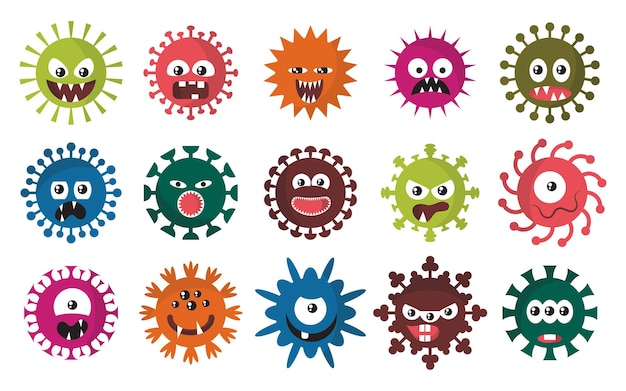 Caracteres del coronavirus gérmen del virus malvado con cara dibujo a mano bacteria Covid19 animal círculo microbio célula patógeno de la enfermedad monstruos de la gripe conjunto vector de dibujos animados ilustración actual