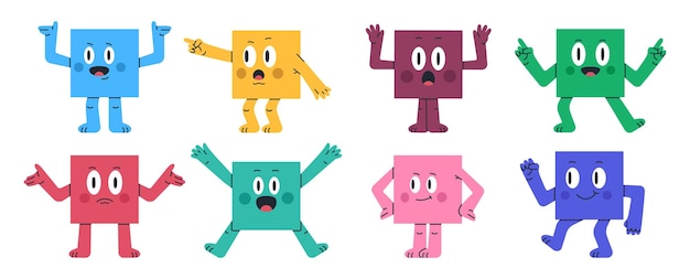 Caracteres cuadrados divertidos geométricos bonitos cuadrados mascota cómico formas cuadradas con varias emociones conjunto de ilustraciones vectoriales planas mascotas cuadradas con caras divertidas