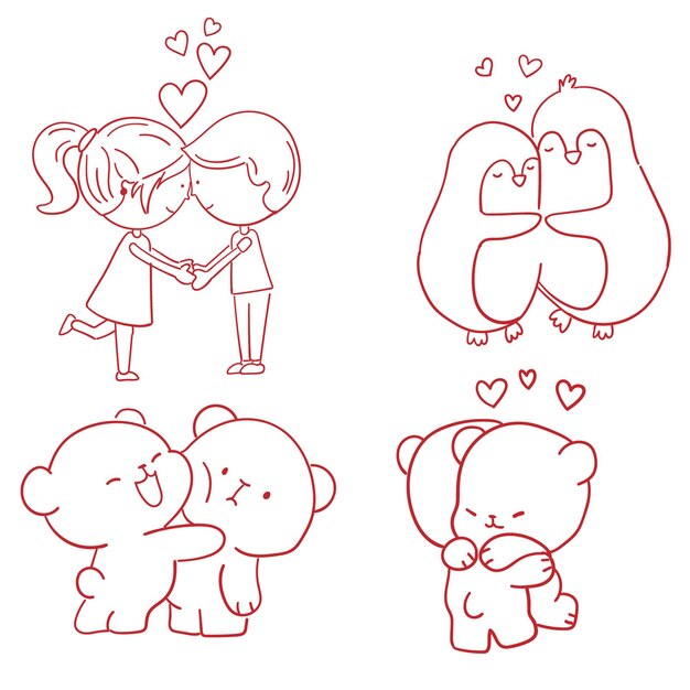 Caracteres dibujados a mano gratuitos para el Día de San Valentín Doodle Sticker lindos Ilustración vectorial