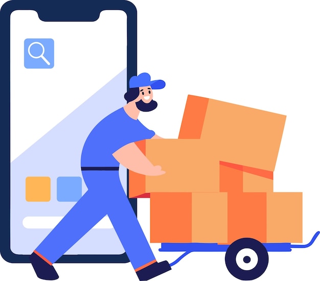 Caracteres dibujados a mano del repartidor y el cliente en el concepto de entrega en línea en estilo plano aislado en el fondo