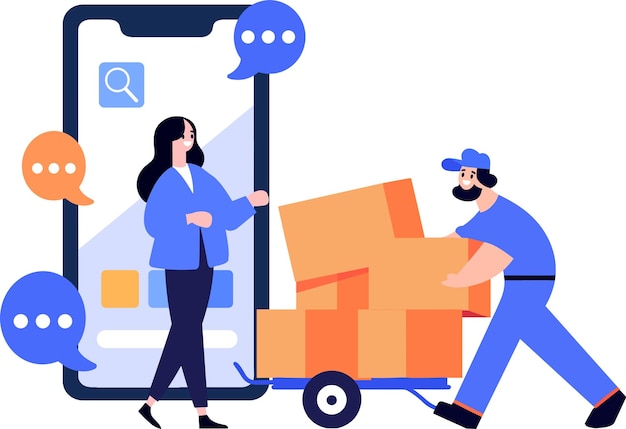 Caracteres dibujados a mano del repartidor y el cliente en el concepto de entrega en línea en estilo plano aislado en el fondo