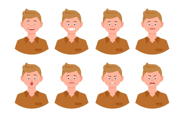 Caracteres de dibujos animados de cara emocional hombre de oficina rubio conjunto de ilustraciones vectoriales de vista frontal