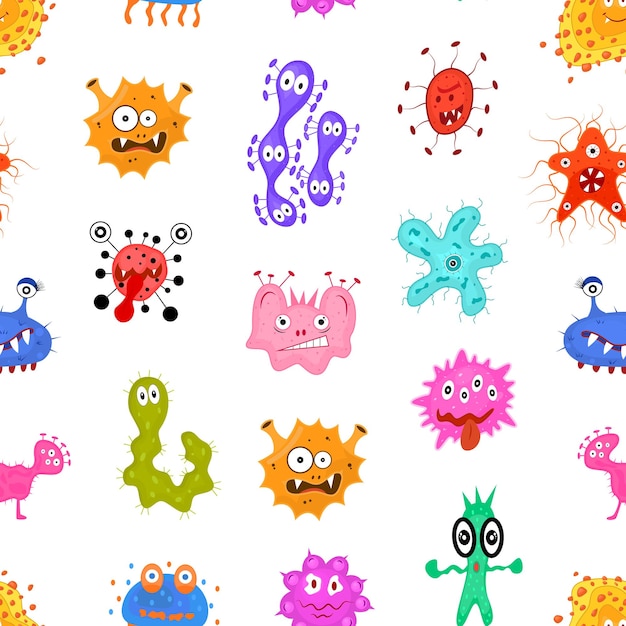 Caracteres de dibujos animados de color Bacterias Patrón sin costuras Vector de fondo