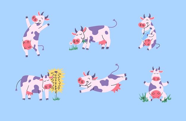 Caracteres de dibujos animados de color diferentes vacas lindas conjunto vectorial