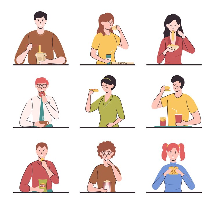 Vector caracteres de dibujos animados de color la gente come diferentes comidas vector de concepto