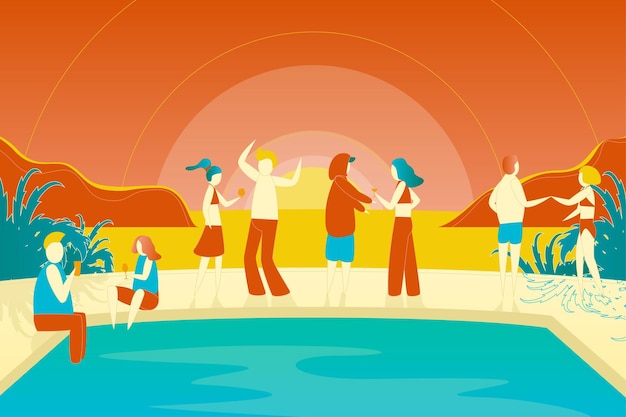 Caracteres de dibujos animados de color Gente y concepto de fiesta en la piscina Vector