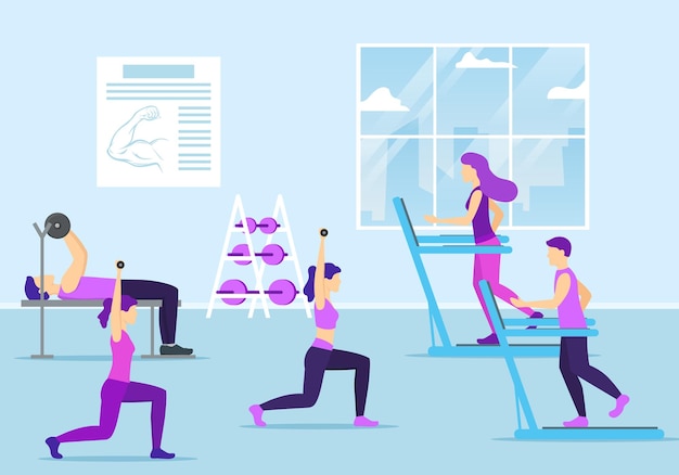 Caracteres de dibujos animados de color Gente y concepto de gimnasio Vector
