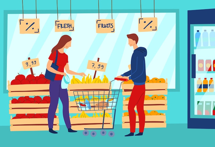 Vector caracteres de dibujos animados de color gente gente comprando frutas vector de concepto