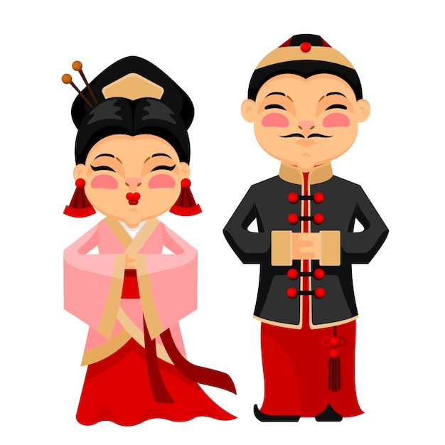 Caracteres de dibujos animados de color Gente Hombre y mujer chinos Vector de concepto
