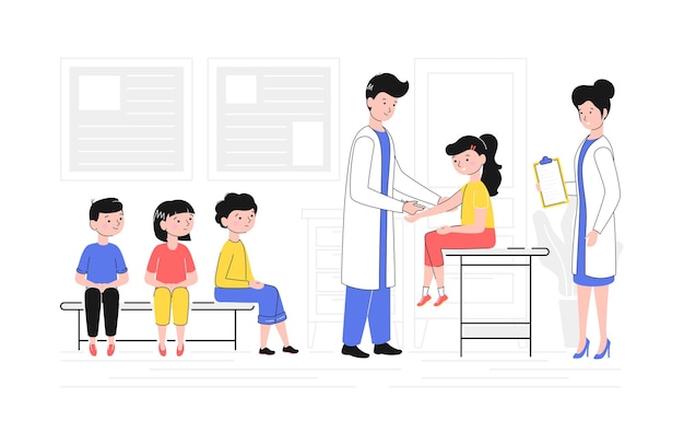 Caracteres de dibujos animados de color Gente y niños Vacunación Concepto Vector