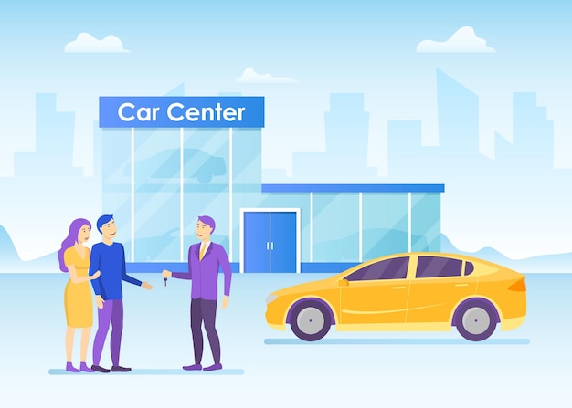 Caracteres de dibujos animados de color Gente Pareja comprando un concepto de coche Vector