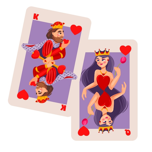Caracteres de dibujos animados en color Rey y Reina de Corazones Vector de concepto de traje