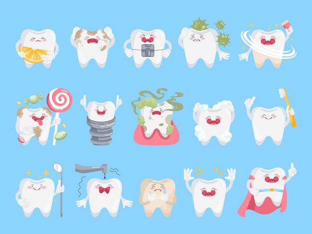 Caracteres de dibujos animados dientes cara de mascota de diente lindo emoji emoticon de estomatología infantil dientes cómicos divertidos cepillo de dientes emociones felices personaje dental ilustración elegante