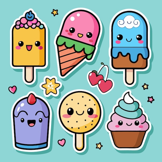 Caracteres de dibujos animados de helados y pasteles con colores brillantes y caras sonrientes