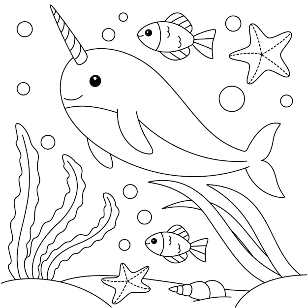 Caracteres de dibujos animados de kawaii narwhal para colorear ilustración vectorial