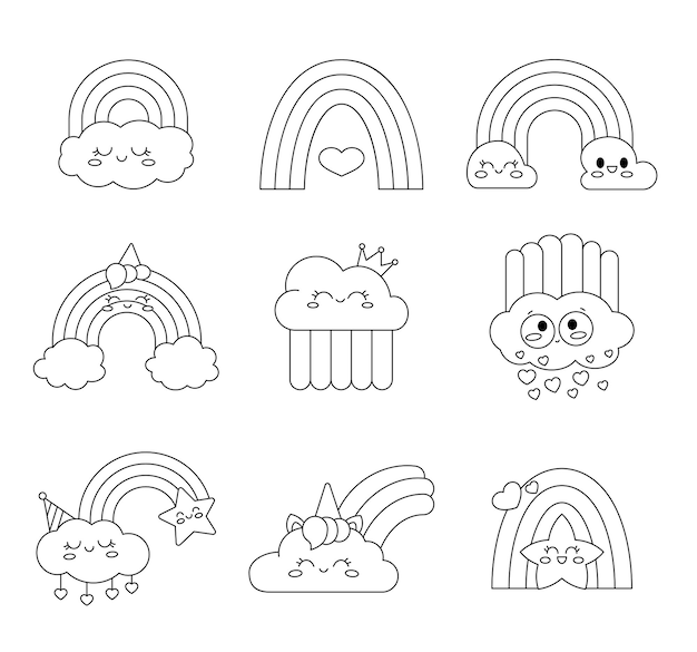 Vector caracteres de dibujos animados de nubes y arco iris de kawaii lindos página para colorear emoción facial sonriente