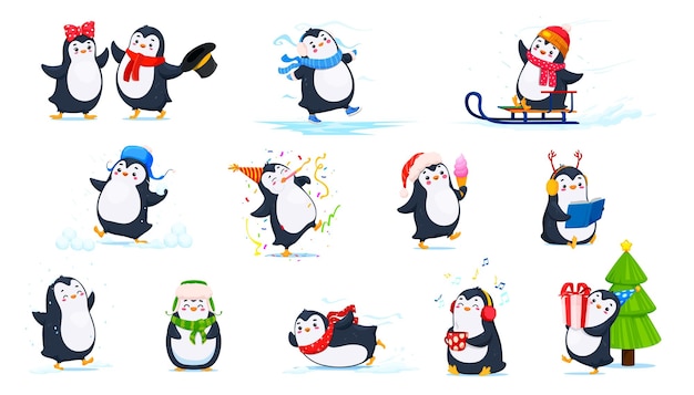 Caracteres de dibujos animados de pingüinos lindos actividades de invierno