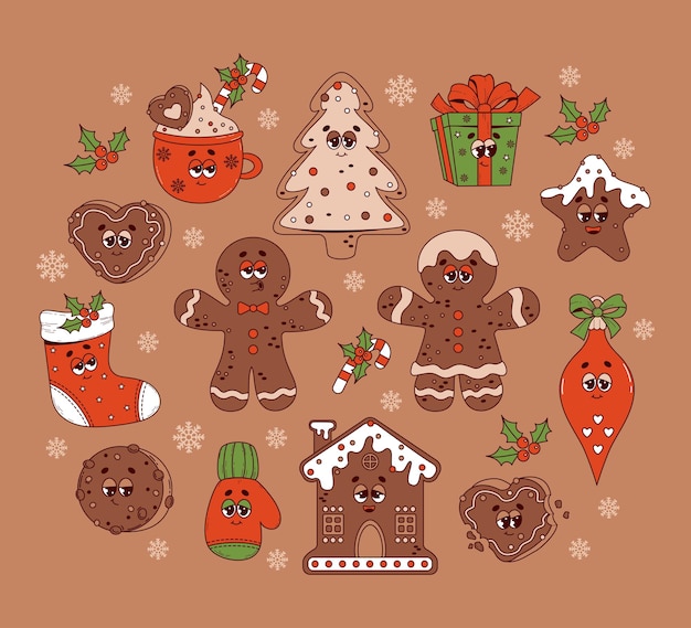 Caracteres de dibujos animados retro de Navidad Hombre de pan de jengibre y árbol de la casa regalo de medias de juguete en hippie groovy