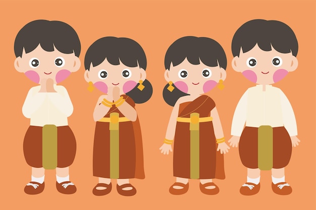 Caracteres de dibujos animados con trajes tradicionales tailandeses