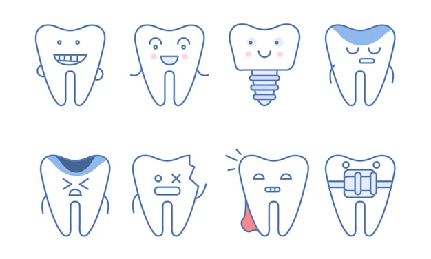 Caracteres de dientes divertidos Set de odontología y tratamiento de dientes con diferentes emociones y caras divertidas Ilustración vectorial en fondo blanco