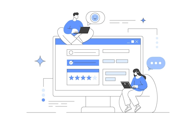 Caracteres Dispositivos computadora llenando el formulario de encuesta dando comentarios positivos de cinco estrellas Experiencias de los usuarios
