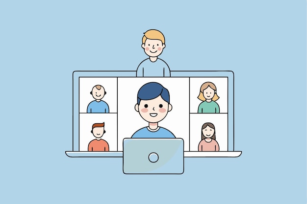 Caracteres esenciales de las reuniones virtuales en la ilustración vectorial de videoconferencias