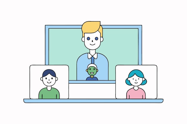 Caracteres esenciales de las reuniones virtuales en la ilustración vectorial de videoconferencias