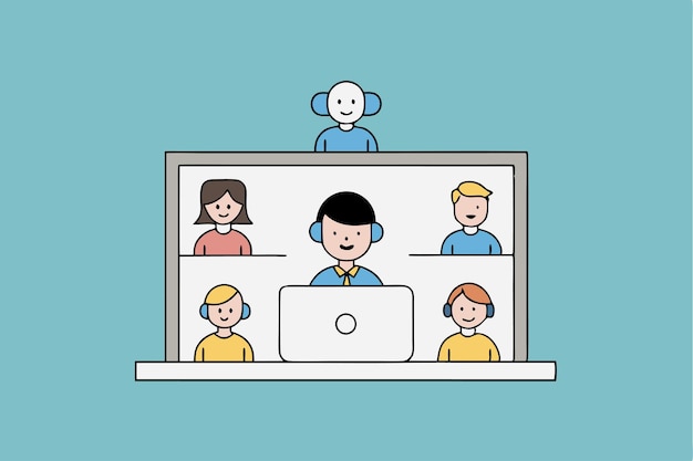 Caracteres esenciales de las reuniones virtuales en la ilustración vectorial de videoconferencias