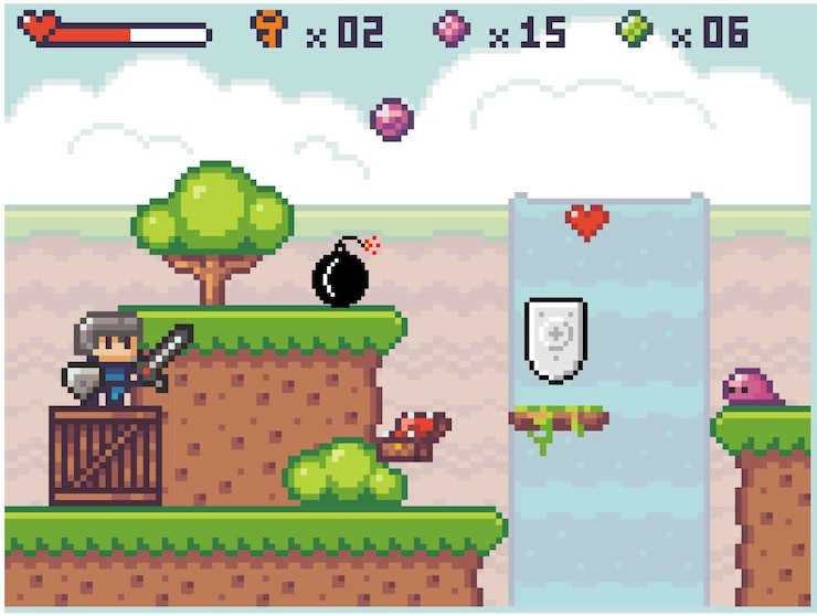 Vector caracteres de estilo pixel en juegos de arcade escena de juego con plataformas de tierra con hierba y cascada de arbustos hombre con espada y escudo afilados luchando por premios modo de juego retro de corazón y cristal