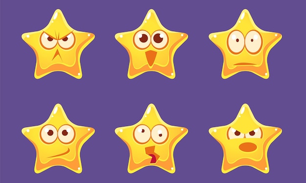 Caracteres de estrellas brillantes y lindos con estrellas brillantes con diferentes emociones Ilustración vectorial